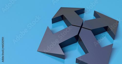 3d render. 4 arrows pointing in different directions on a blue background. Contains free space for copy and paste. It explains the concept of business life and teamwork.