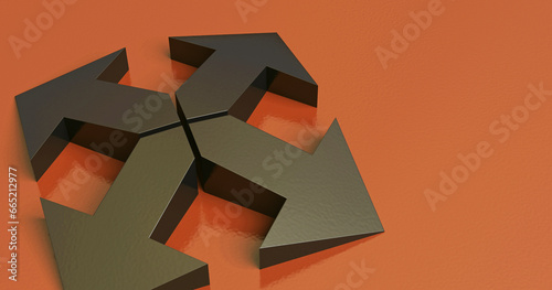 3d render. Metalic arrows pointing in different directions. Concept of business life and teamwork. Contains free space for copy paste.