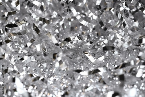 Shimmering silver confetti descending on clear background. Cheerful and glitzy tinsel. Generative AI photo