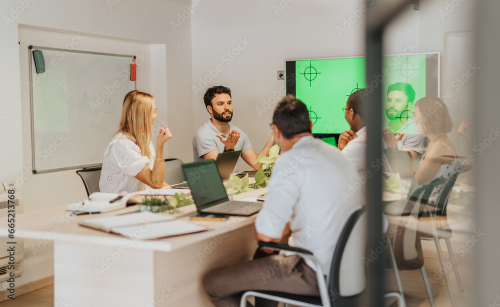 A diverse group of professionals brainstorm ideas, collaborate, and discuss business strategies in a modern meeting room, focusing on growth and efficiency.