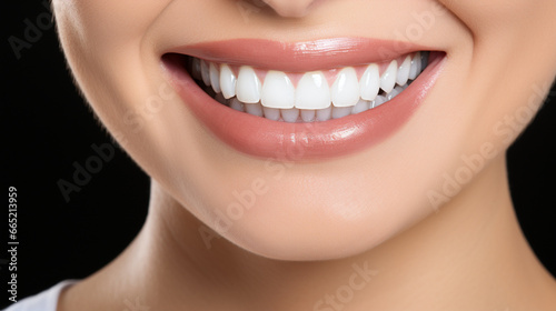 Perfect smile close-up  white teeth and healthy oral care  dental beauty of young woman in studio background  dentistry and whitening concept