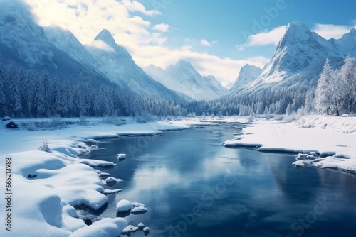 Winter mountain lake surrounded by majestic mountains. Generative AI