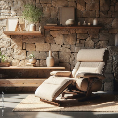 Beige fabric lounge recliner chair against stone cladding wall. Rustic minimalist home interior design of modern living room