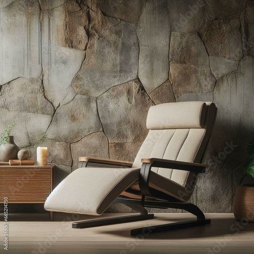 Beige fabric lounge recliner chair against stone cladding wall. Rustic minimalist home interior design of modern living room