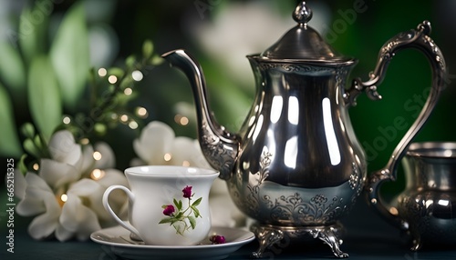Silver tea kettle and white porclean cup with flowers and bokeh background. 