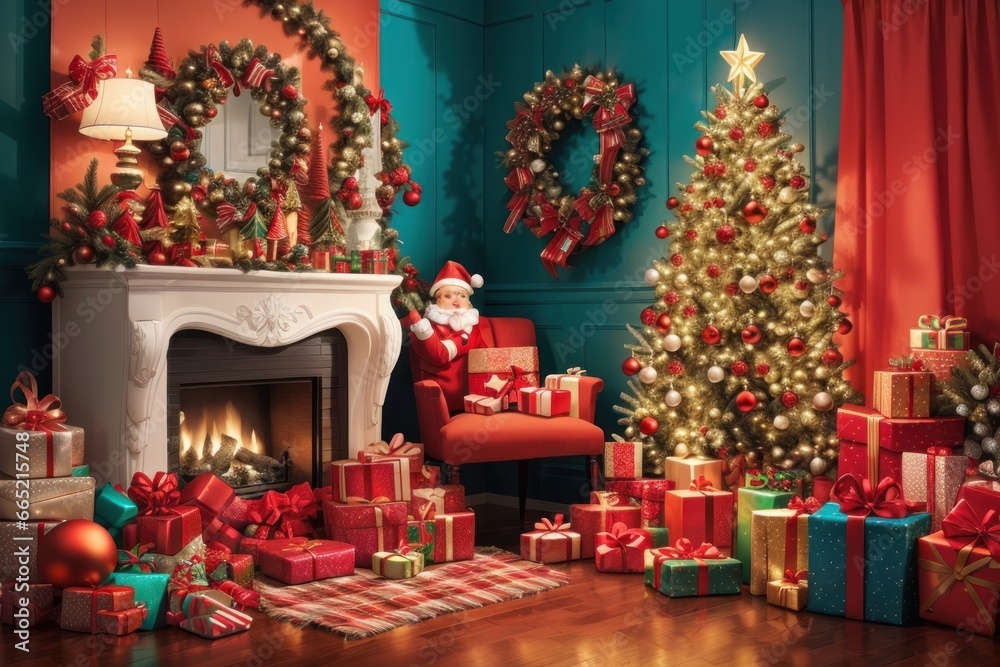 Colorful illustration of the interior of a Christmas home with gifts, Christmas decorations. A place where the Christmas atmosphere is in the air.