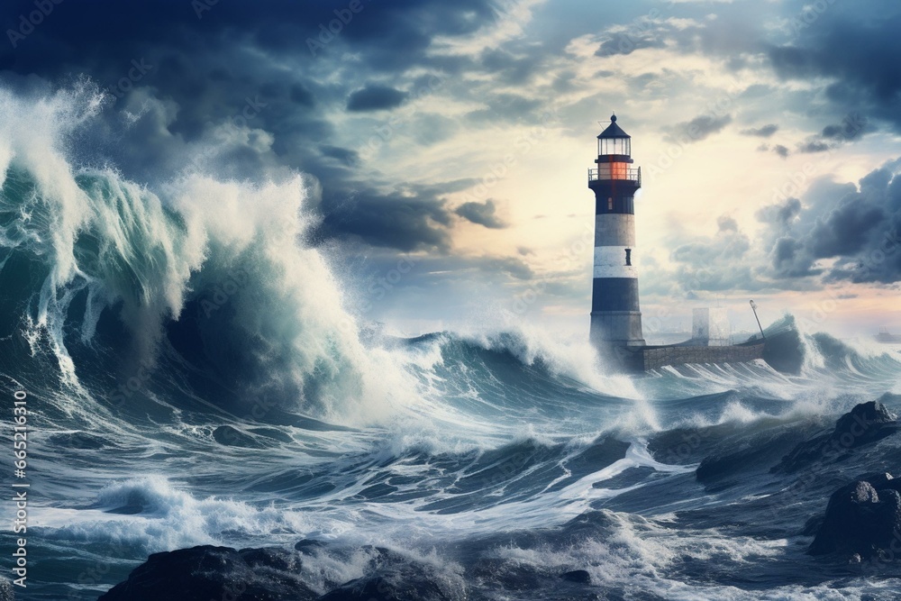 Nautical seascape with lighthouse and powerful waves on rocky coast. Adventure, exploration, graphic art. Generative AI
