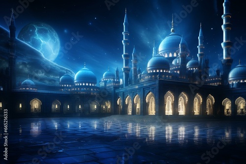 A mosque with a blue atmosphere, celebrating eid mubarak and ramadan kareem. Generative AI photo
