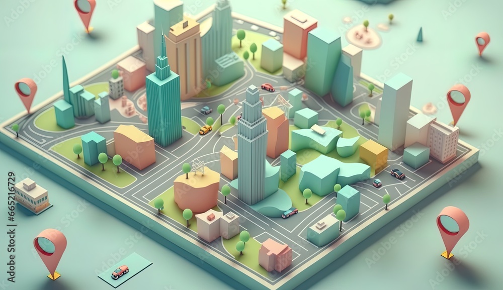 cute isometric map location pastel colorful concept - obrazy, fototapety, plakaty 