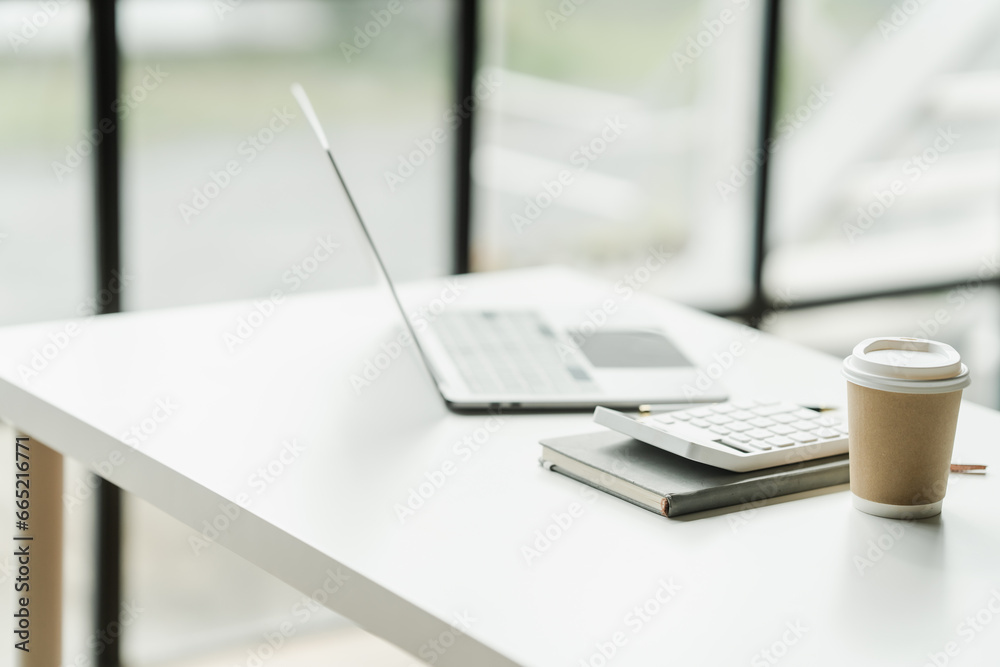 Office desk workspace, nobody, no people, minimalist design, empty workstations ready to fuel creativity. Ideal for today’s professionals. Dive into productivity in style.