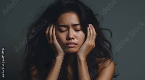 asian woman with headache holding her head in pain