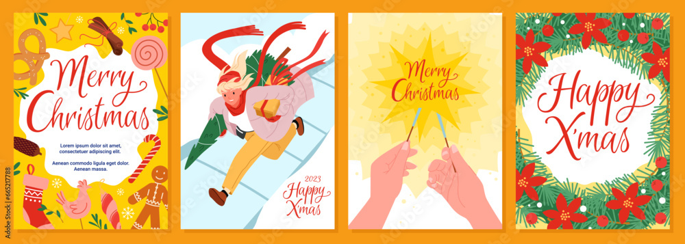 Cartoon hands holding sparklers, character running to fun party with Christmas Tree and gifts, floral patterns, decoration and Xmas elements. Merry Christmas card templates set vector illustration