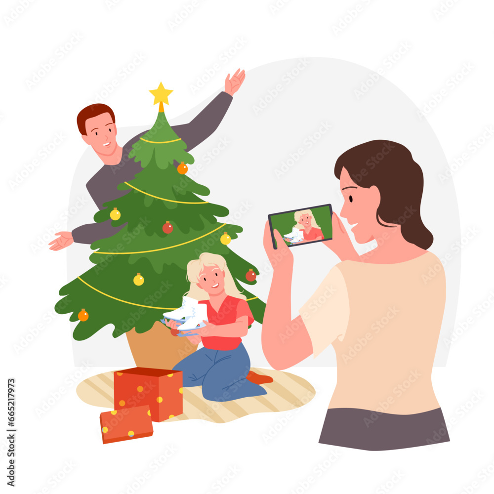 Christmas family fun time vector illustration. Cartoon mother holding camera phone to take photo of child unwrapping gifts, happy girl sitting by Christmas fir tree with surprise packages and boxes Christmas family fun time vector illustration. Cartoon mother holding camera phone to take photo of child unwrapping gifts, happy girl sitting by Christmas fir tree with surprise packages and boxes