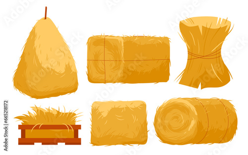 Bales of hay set vector illustration. Cartoon isolated golden haystacks of different shapes, yellow straw pile in bundle and wood crate, round or square roll with rope, farm forage collection
