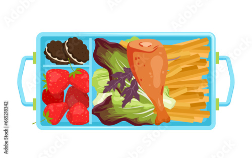 Plastic tray with food vector illustration. Cartoon isolated top view of divided plate with meals in school canteen, open lunch box with handles, fried chicken leg and French fries, salad and berry