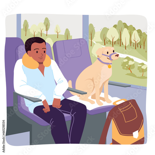 Train, bus travel with dog on seat vector illustration. Cartoon male passenger and cute puppy with harness sitting in chairs during trip, man and animal friend looking at summer nature through window