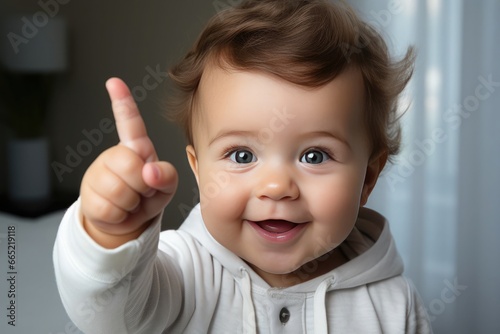 happy baby raising his index finger photo