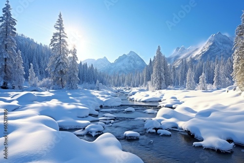 A snowy winter landscape with mountains, trees, and a clear blue sky. Generative AI