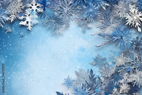 Winter holiday backdrop with frosty snowflake. Festive banner with empty space. Generative AI