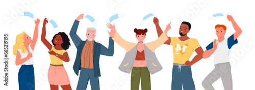 Cartoon free person holding mask in hand, group of man and woman throwing and smiling, adult characters celebrate freedom and end of quarantine. Happy people remove masks set