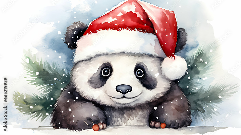 Adorable panda in red Santa's hat on the Christmas background. Adorable panda in red Santa's hat on the Christmas background.