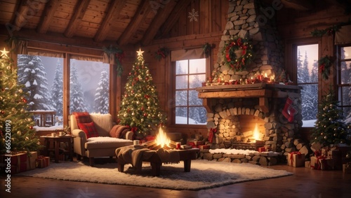 interior christmas. magic glowing tree, fireplace, gifts © MuhammadIlyas