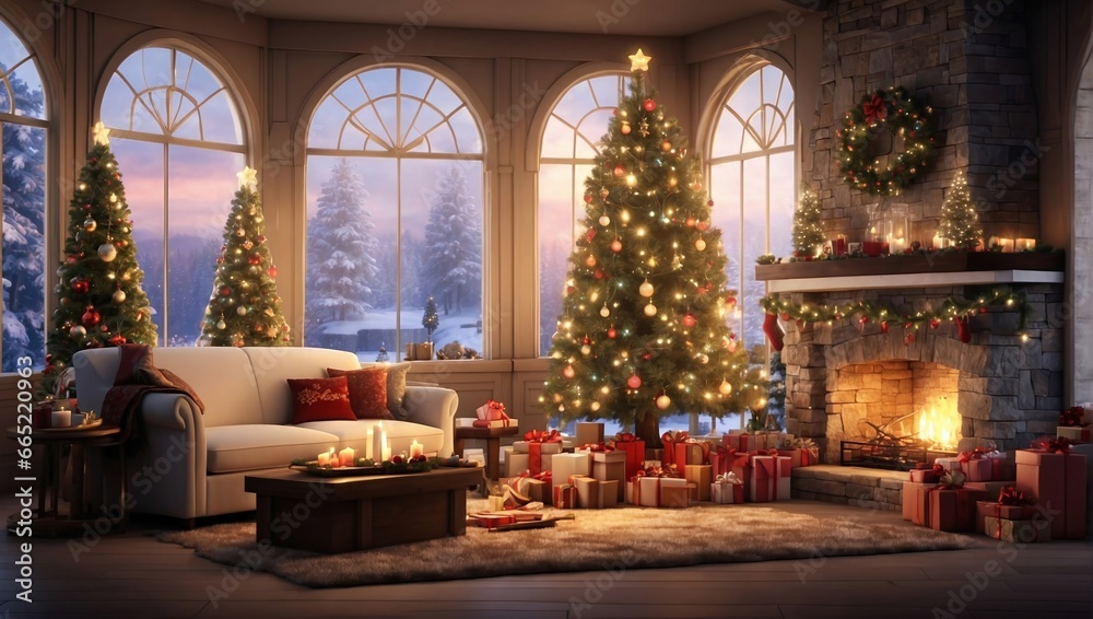 Fototapeta premium interior christmas. magic glowing tree, fireplace, gifts