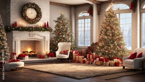 interior christmas. magic glowing tree  fireplace  gifts