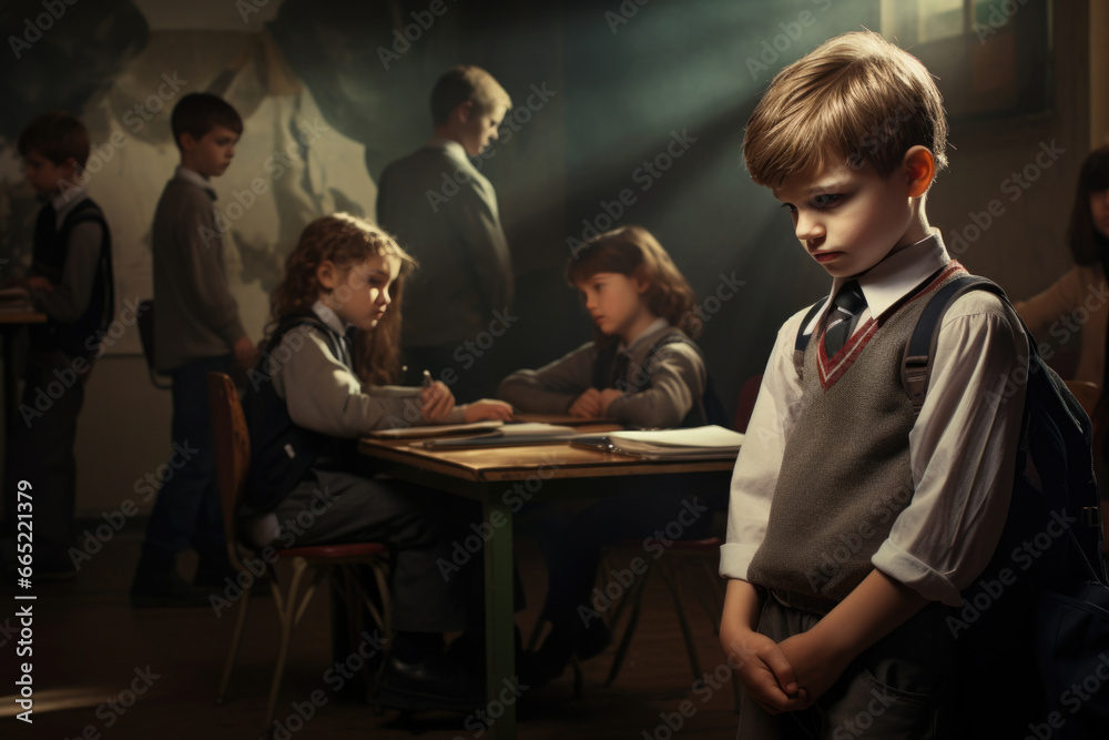 A melancholic kid is isolated, ignored by peers, facing school bullying A melancholic kid is isolated, ignored by peers, facing school bullying