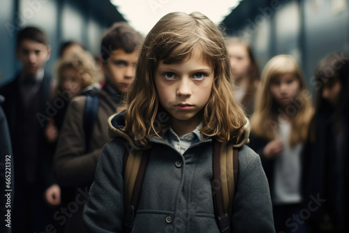 A despondent kid stands apart, shunned by others, enduring school bullying © Konstiantyn Zapylaie
