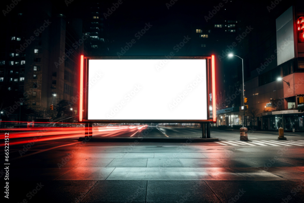 A deserted white promotional banner template near a night street captured with a prolonged exposure