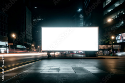 An unoccupied white ad mockup placed beside a nighttime road, photographed with a long exposure time