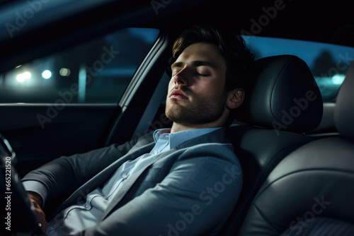 A young man sleeps at the wheel of a car. Fatigue while driving