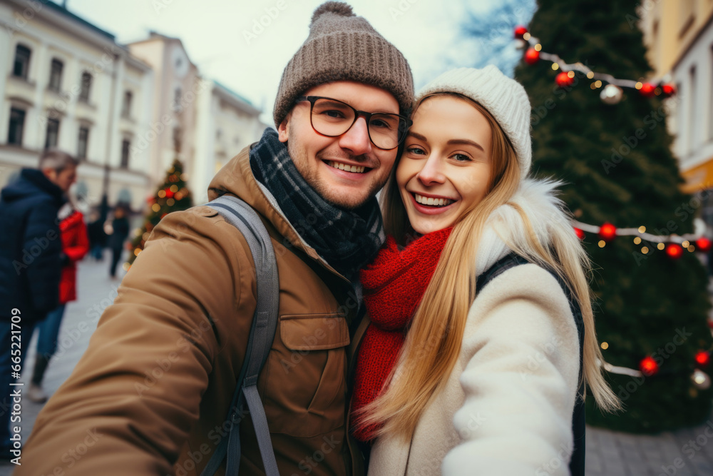 An exuberant couple in their youth takes a selfie, capturing the holiday spirit of the vibrant street