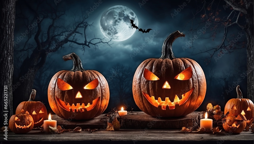 Halloween pumpkin with bats and moon Halloween pumpkin with bats and moon