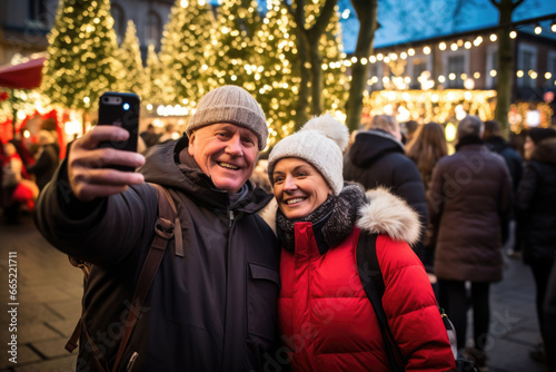A cheerful couple snaps a selfie amidst the festive ambiance of the street during the holidays