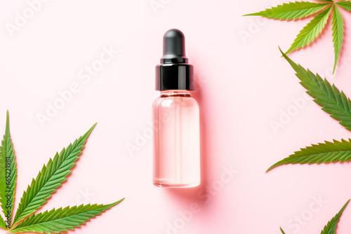 Harmony, healing, spa relax and mental health background with cannabis oil and marijuana Leaves on pink background. Medicine marijuana cannabis, sativa leaf for relaxing, good health and healthy sleep