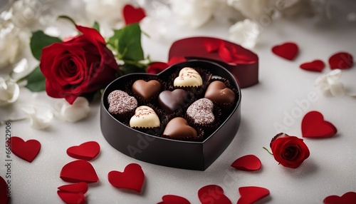 Delicate Chocolates in Heart-Shaped Box with Roses