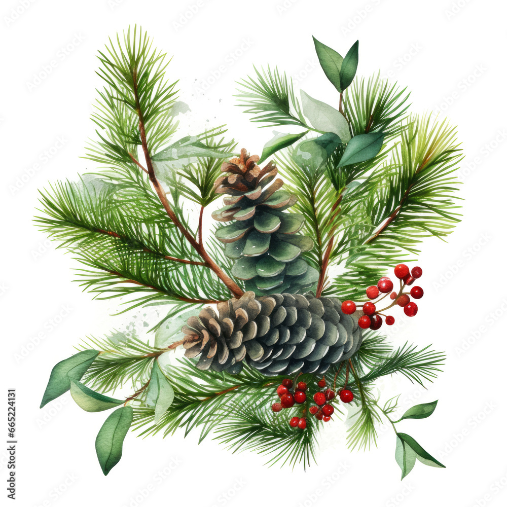 Obraz premium Stunning watercolor painting of evergreen tree twig pinecones and red berries on white background. Winter holiday celebration