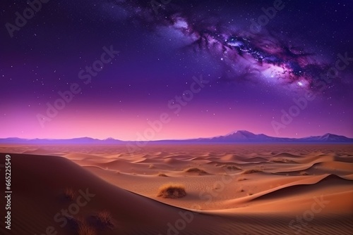 Surreal desert with dunes and lavender starry sky. Generative AI