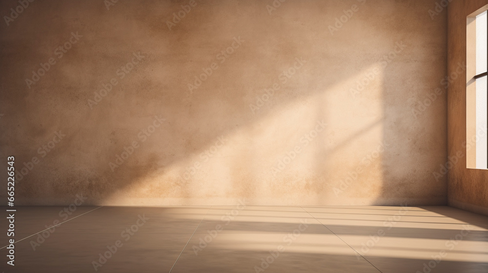 Interior mockup of a tan pastel painted empty room, with soft warm light coming in from a window, abstract background with room for copy. 