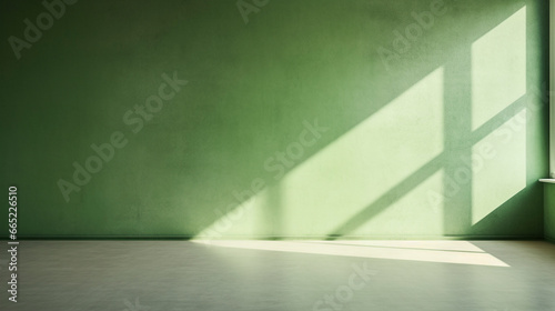 Interior mockup of a green pastel painted empty room, with soft warm light coming in from a window, abstract background with room for copy. 