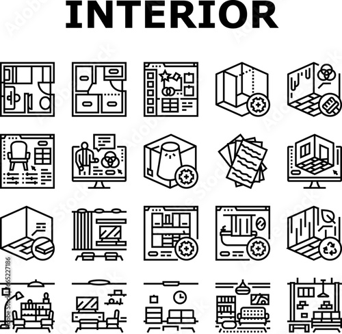interior designer office icons set vector. architect project, designer architecture, house plan, drawing creative, meeting interior designer office black contour illustrations