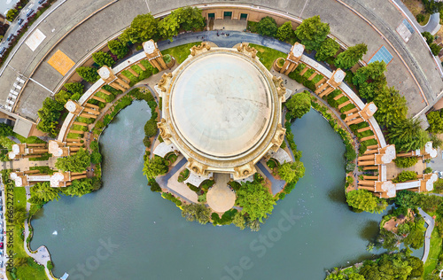 Downward aerial panorama Palace of Fine Arts with water around building