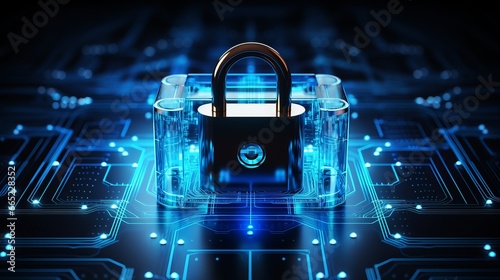 Information, cybersecurity, technology, web, data protection concept. Digital padlock as an abstract tech background. AI generated illustration. 
