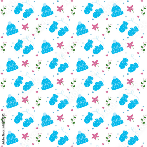 Christmas pattern with hat, mittens, christmas flower