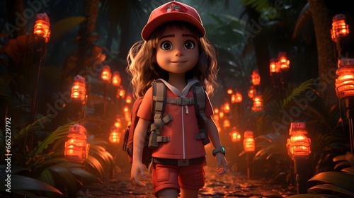 Enchanted Journey: Animated Girl Venturing Through a Forest Illuminated by Magical Lights