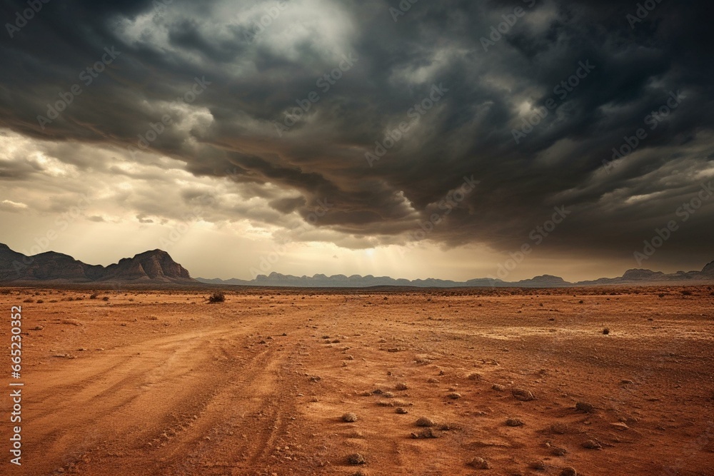 ominous cloudy atmosphere over arid landscape. Generative AI