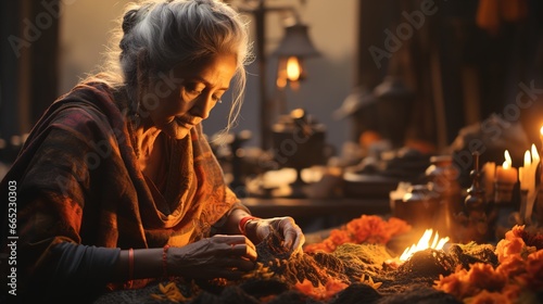 Modern Traditional Heritage Craft, Close-Up of Elderly Indian Woman Knitting Traditional Fabric in Afternoon Light - Embracing Art and Cultural Heritage 