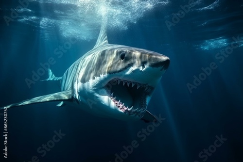 Closeup of a shark in the deep blue ocean  with a fierce mouth  sharp teeth  danger  untamed  white shark. Generative AI
